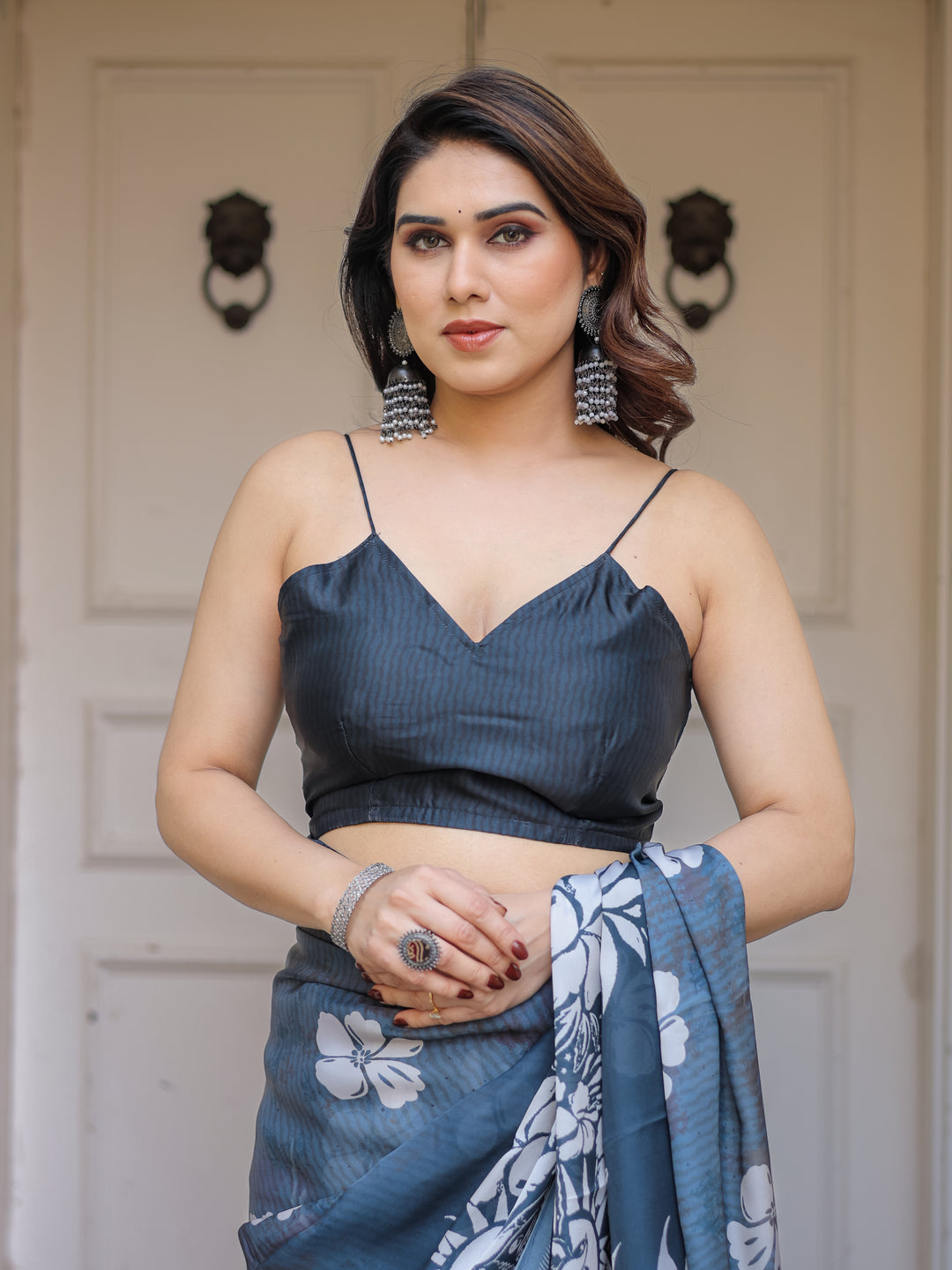 Steel Blue Floral Printed Satin Georgette Saree with Matching Blouse – Elegant Party & Evening Wear