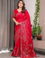 Ruby Red Fendi Satin Block & Foil Print Saree with Attached Blouse & Tassel Detailing