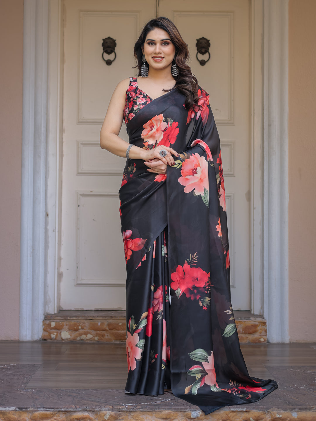 Black Red Floral Printed Satin Georgette Saree with Designer Blouse – Party & Evening Wear