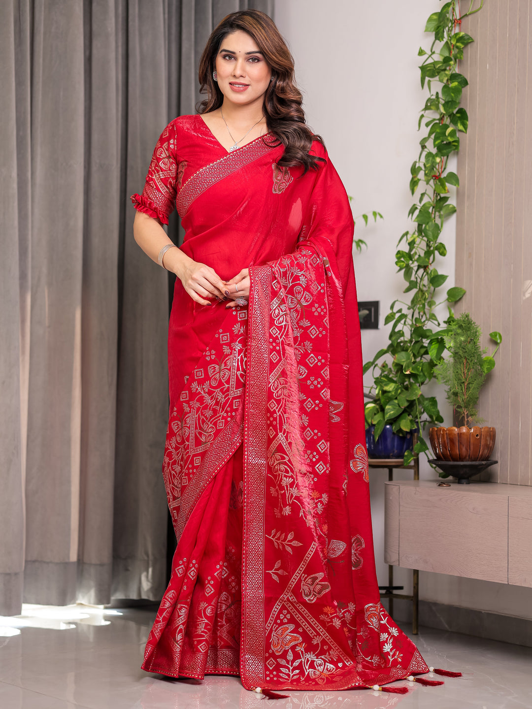 Ruby Red Fendi Satin Block & Foil Print Saree with Attached Blouse & Tassel Detailing
