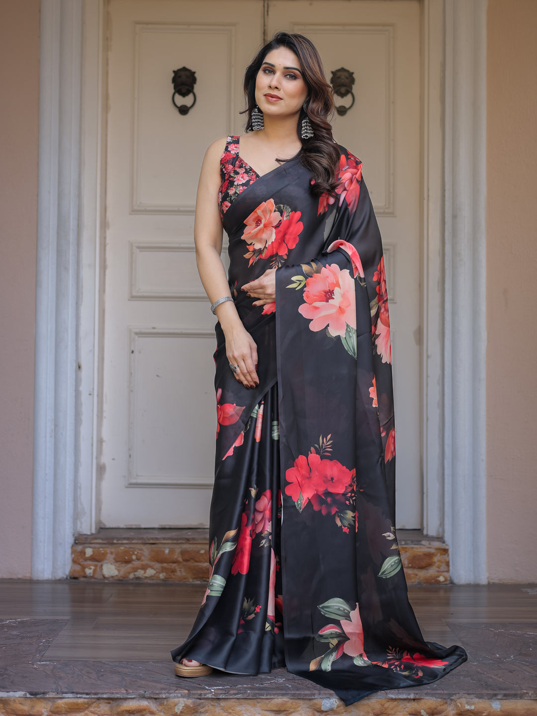 Black Red Floral Printed Satin Georgette Saree with Designer Blouse – Party & Evening Wear