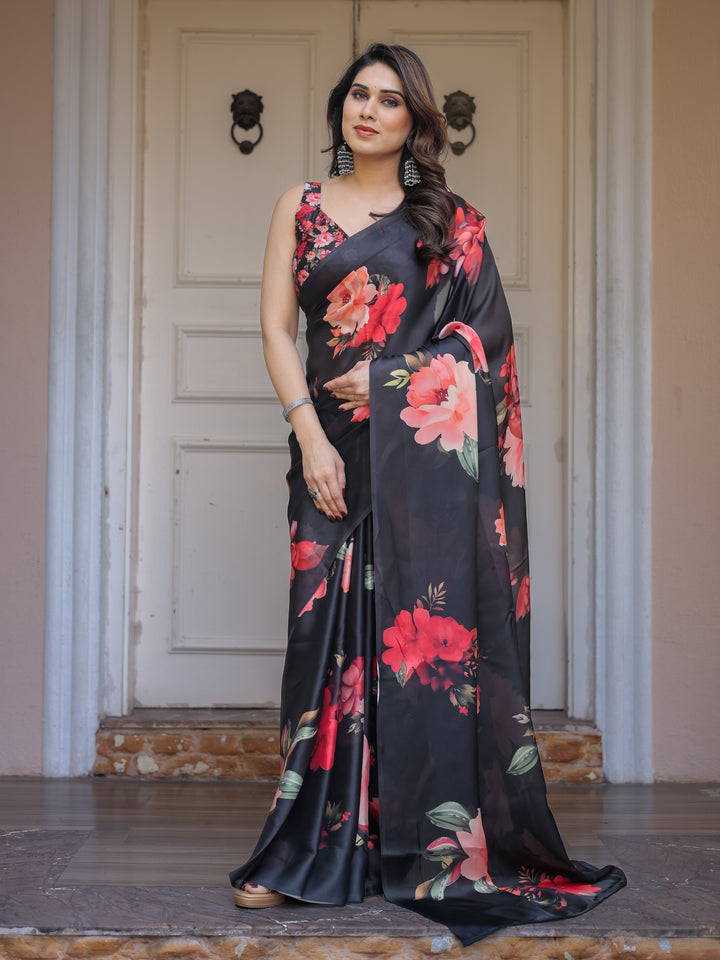Black Red Floral Printed Satin Georgette Saree with Designer Blouse – Party & Evening Wear