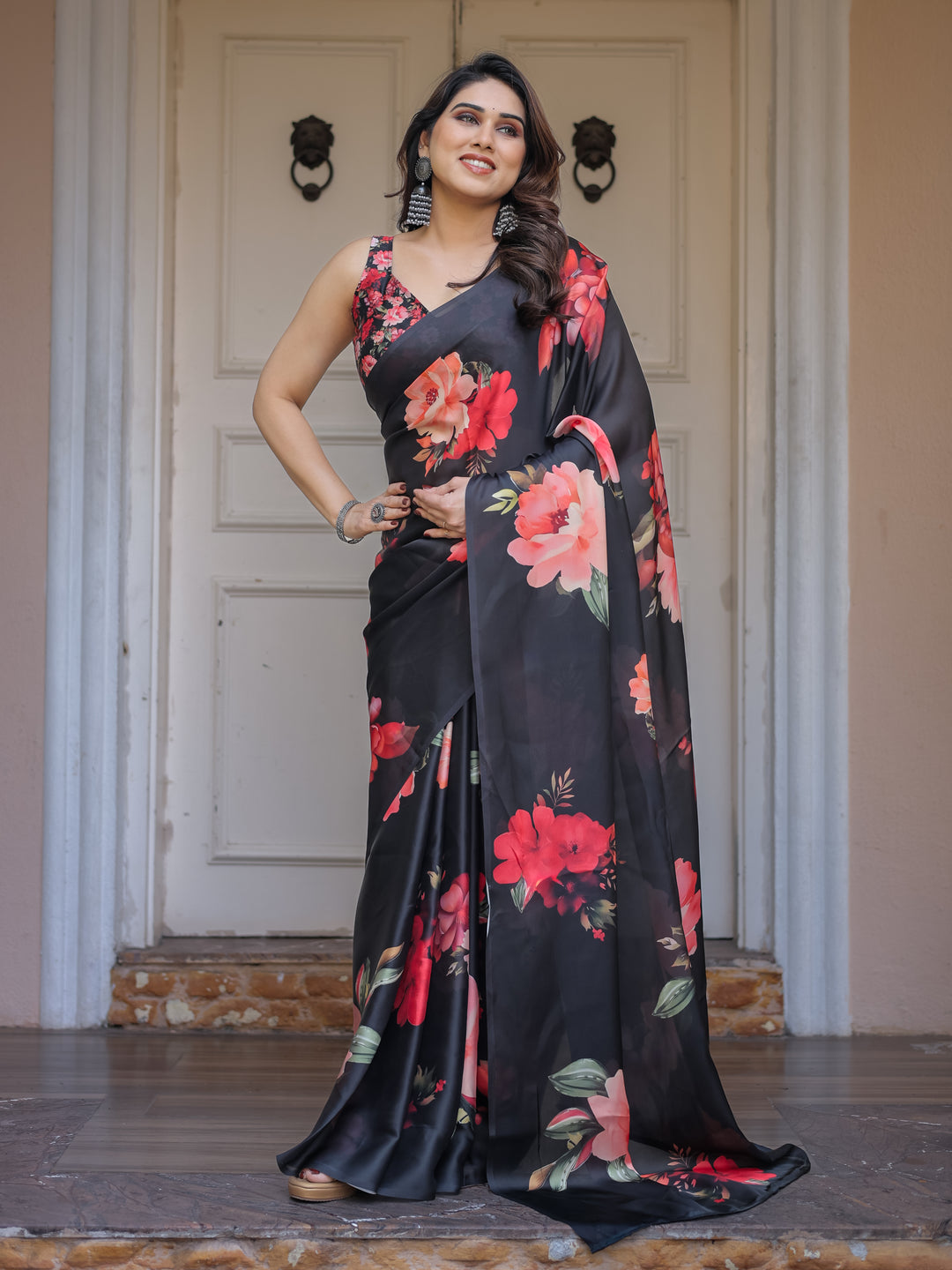 Black Red Floral Printed Satin Georgette Saree with Designer Blouse – Party & Evening Wear