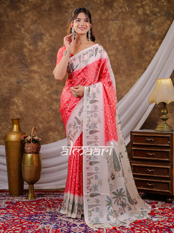 Vantara Coral Red Satin Chiffon Printed Saree with Botanical Nature Print, Designer Tassel Pallu & Matching Blouse Piece