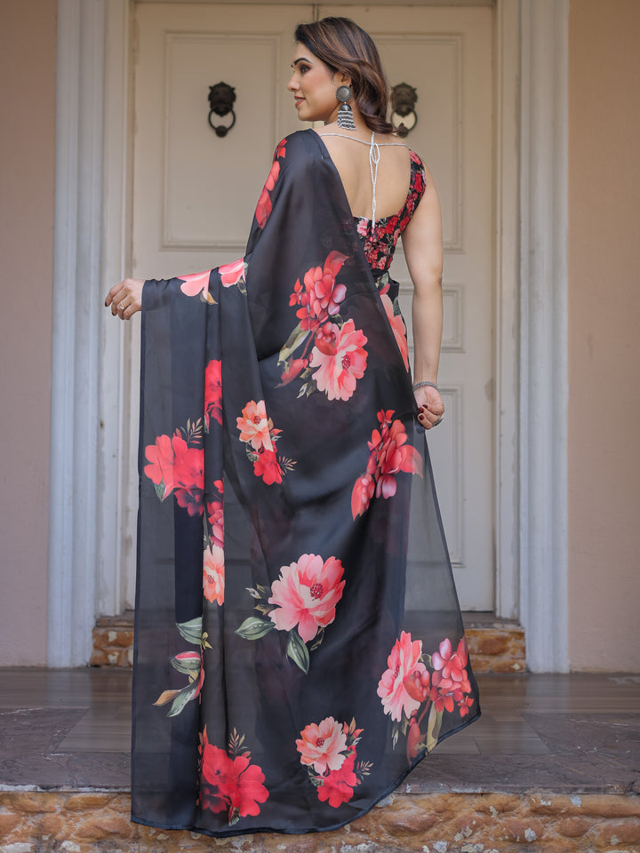 Black Red Floral Printed Satin Georgette Saree with Designer Blouse – Party & Evening Wear