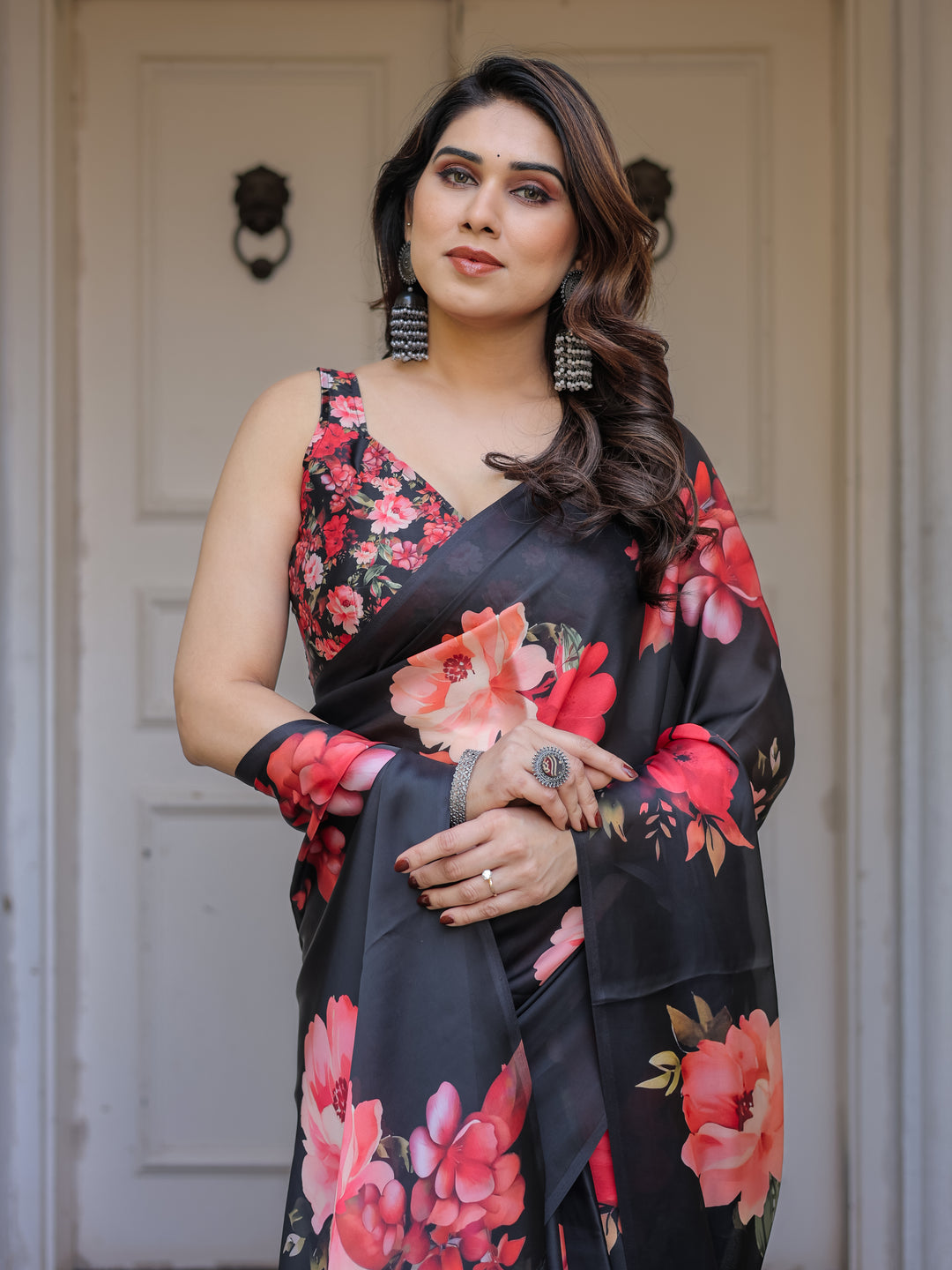 Black Red Floral Printed Satin Georgette Saree with Designer Blouse – Party & Evening Wear