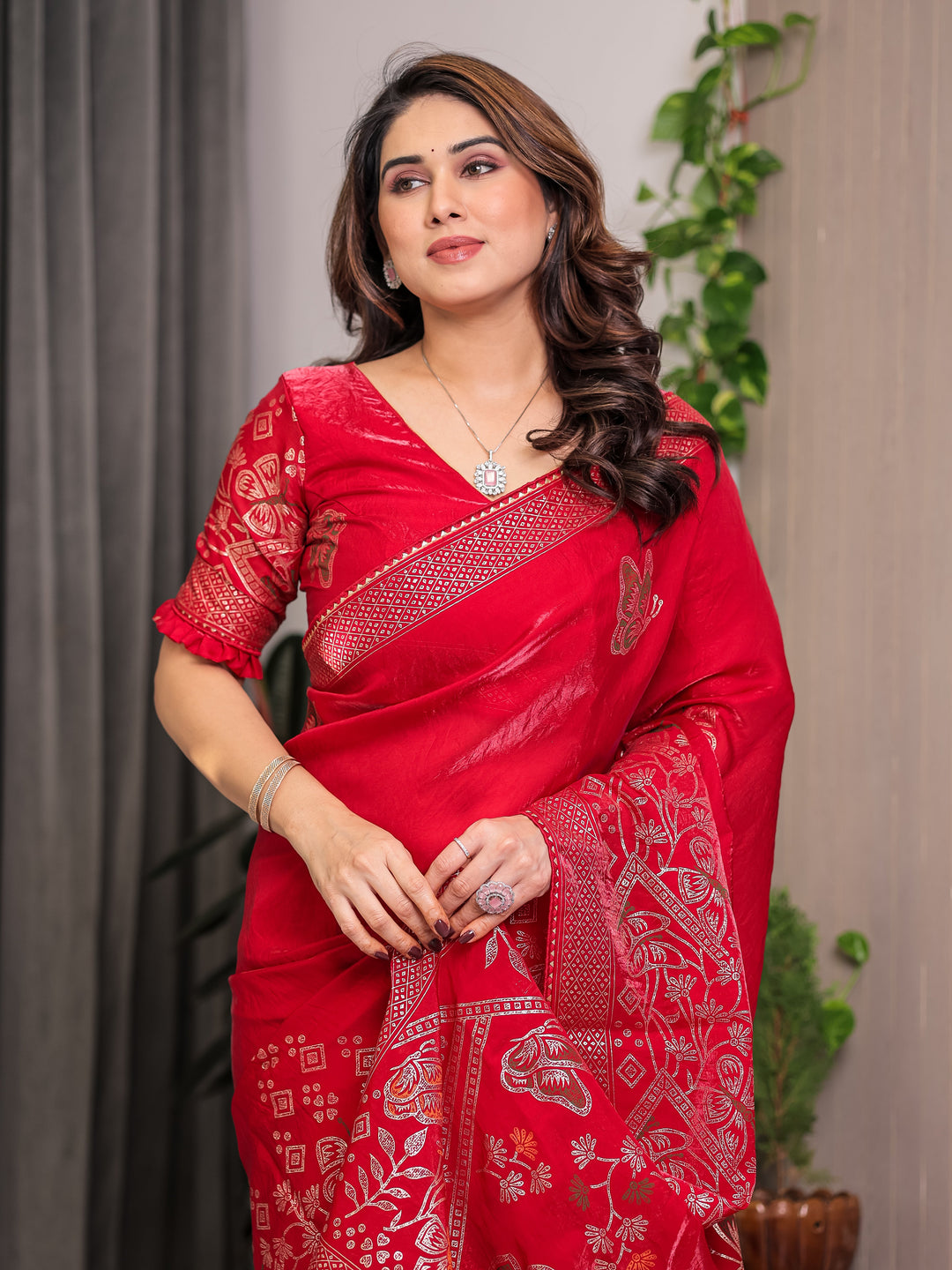 Ruby Red Fendi Satin Block & Foil Print Saree with Attached Blouse & Tassel Detailing