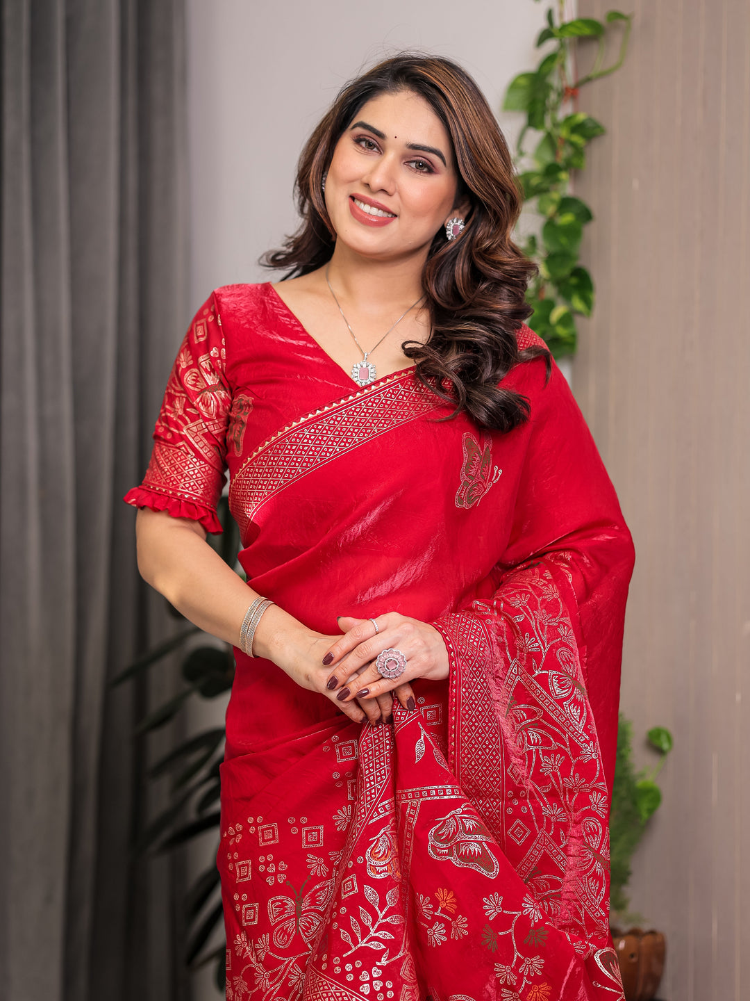 Ruby Red Fendi Satin Block & Foil Print Saree with Attached Blouse & Tassel Detailing