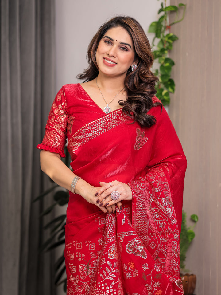 Ruby Red Fendi Satin Block & Foil Print Saree with Attached Blouse & Tassel Detailing