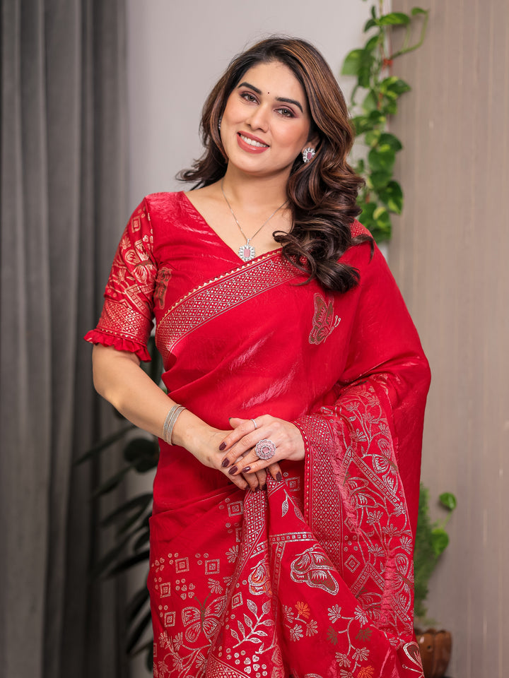 Ruby Red Fendi Satin Block & Foil Print Saree with Attached Blouse & Tassel Detailing