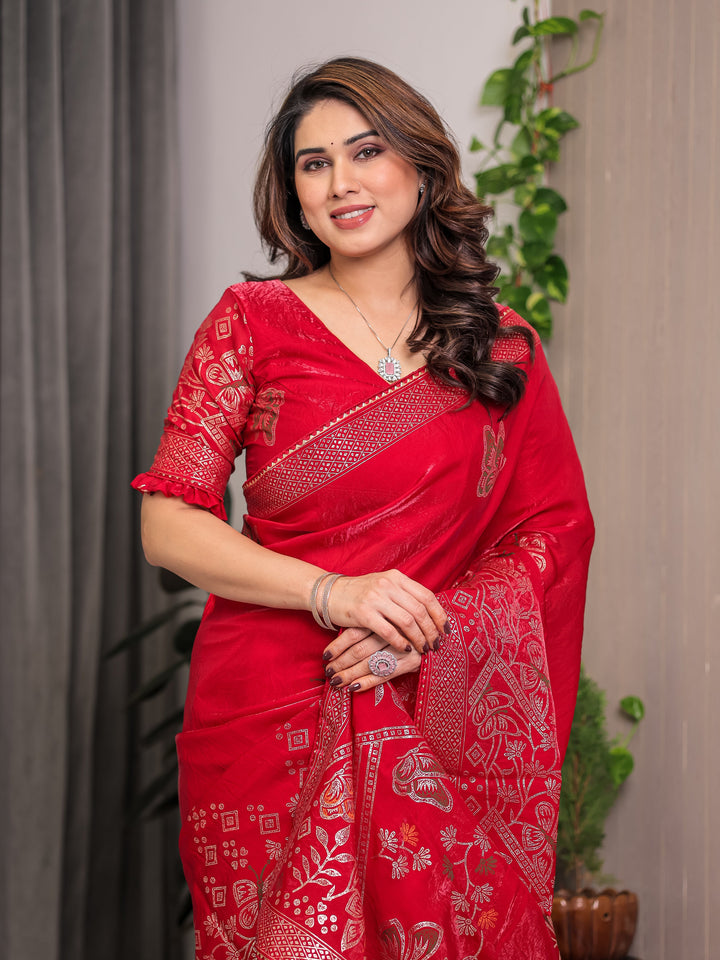 Ruby Red Fendi Satin Block & Foil Print Saree with Attached Blouse & Tassel Detailing