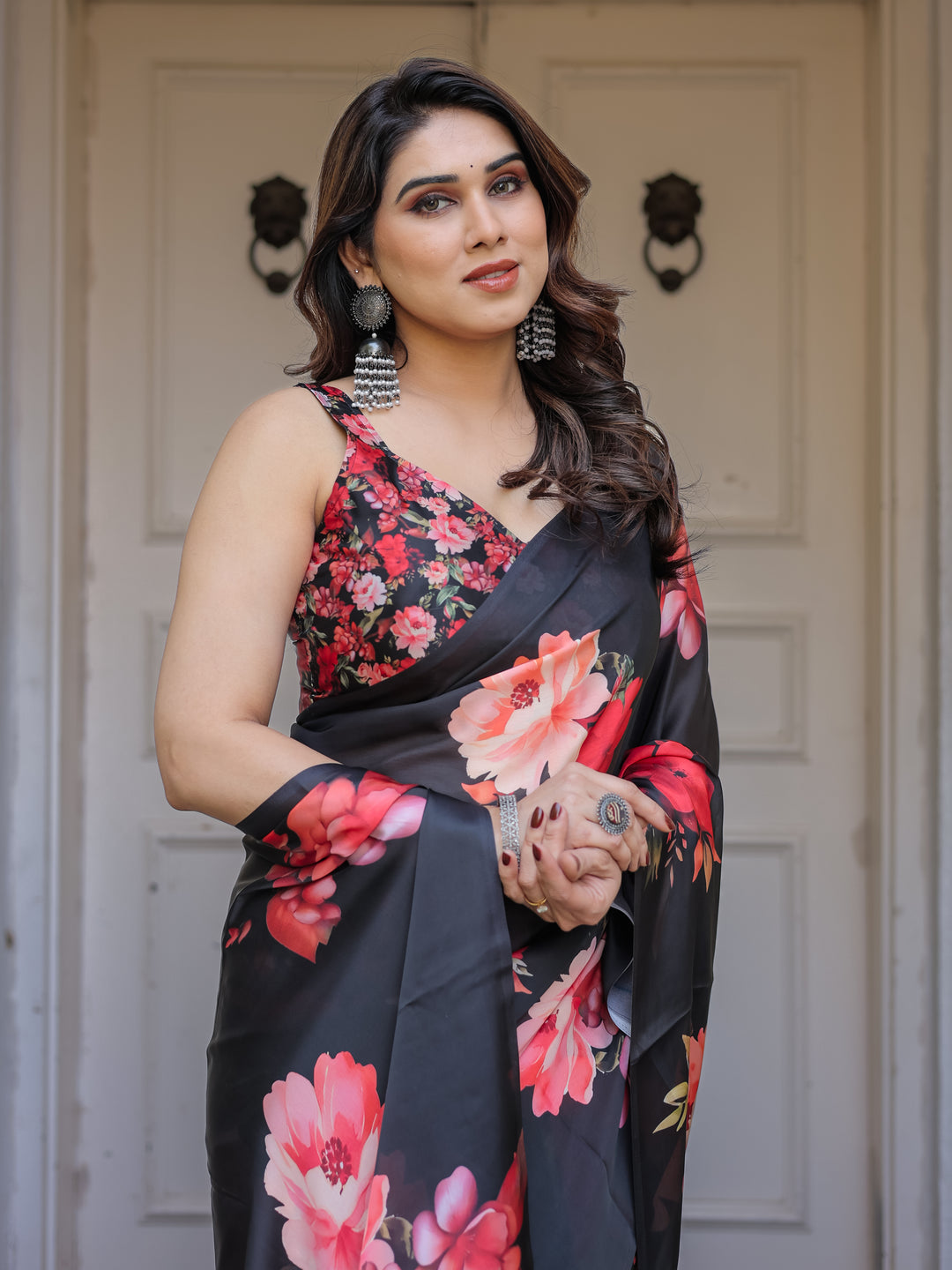 Black Red Floral Printed Satin Georgette Saree with Designer Blouse – Party & Evening Wear