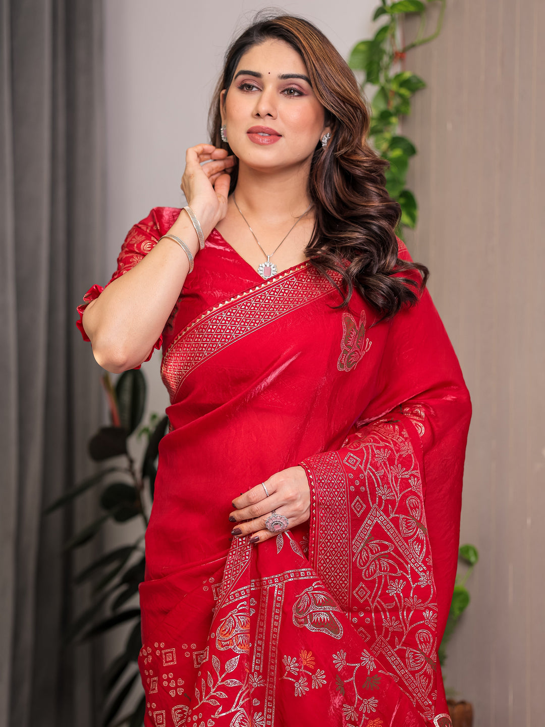 Ruby Red Fendi Satin Block & Foil Print Saree with Attached Blouse & Tassel Detailing