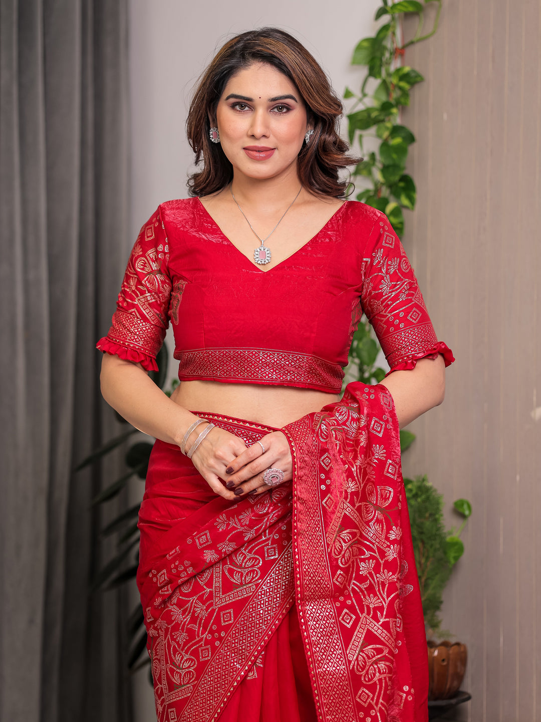 Ruby Red Fendi Satin Block & Foil Print Saree with Attached Blouse & Tassel Detailing