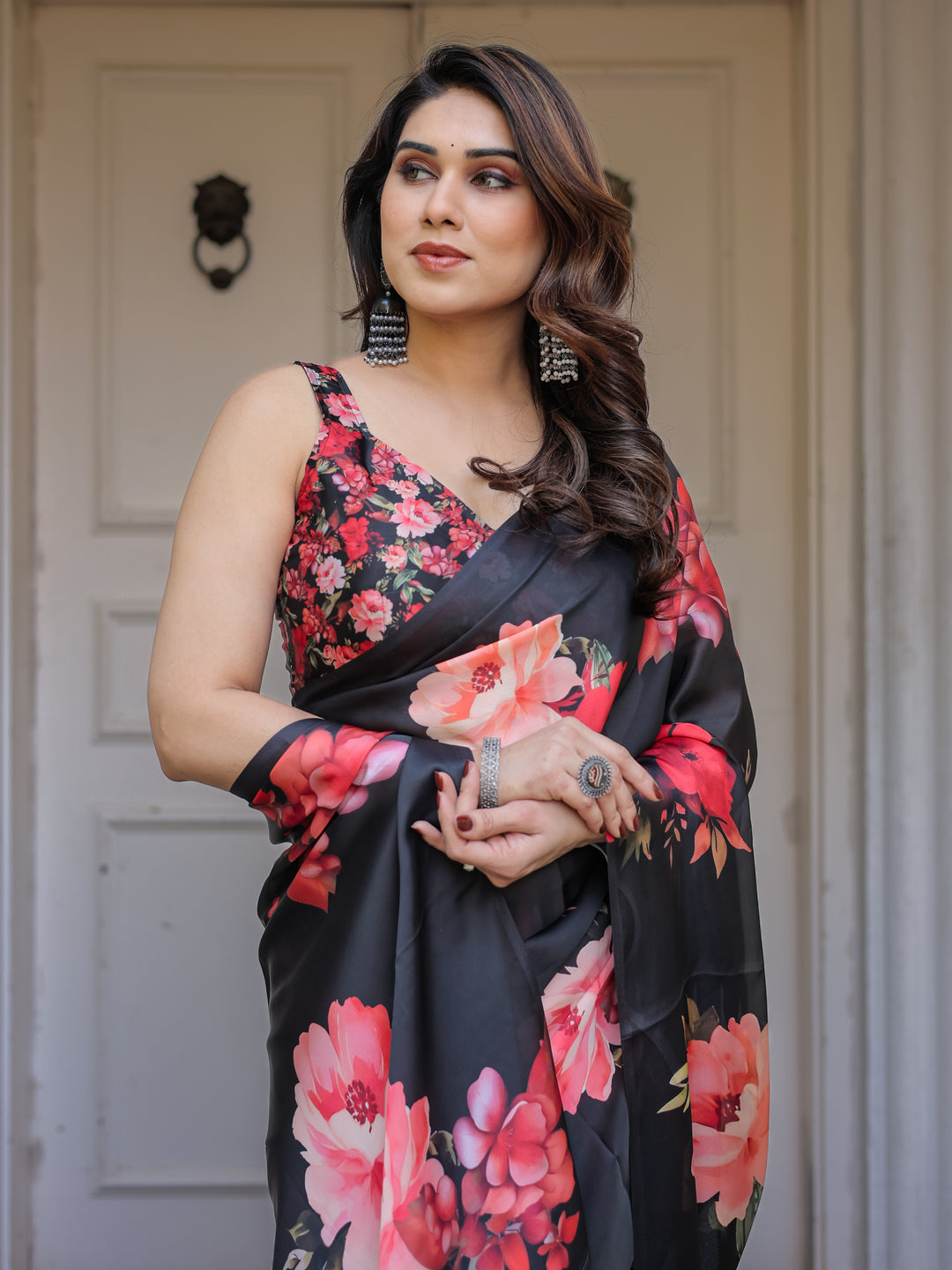 Black Red Floral Printed Satin Georgette Saree with Designer Blouse – Party & Evening Wear