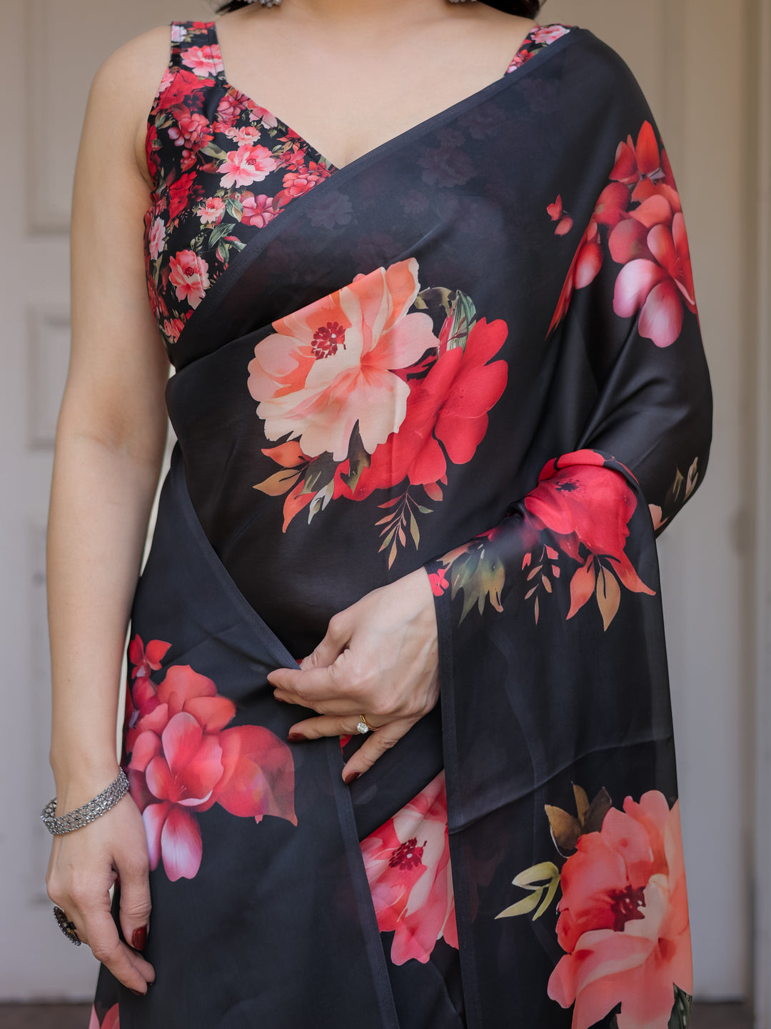 Black Red Floral Printed Satin Georgette Saree with Designer Blouse – Party & Evening Wear