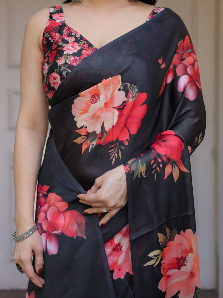 Black Red Floral Printed Satin Georgette Saree with Designer Blouse – Party & Evening Wear