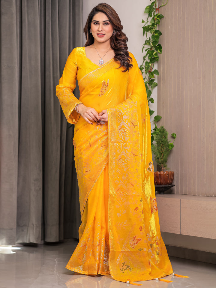 Sunshine Yellow Fendi Satin Block & Foil Print Saree with Attached Blouse & Tassel Detailing