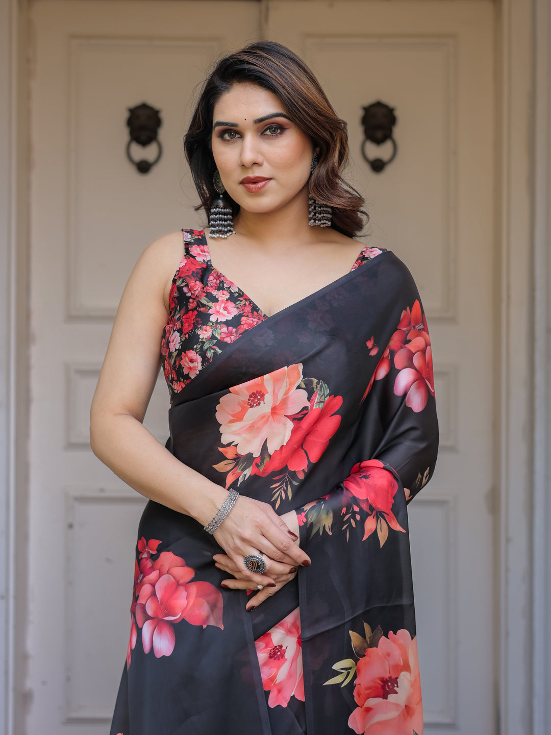 Black Red Floral Printed Satin Georgette Saree with Designer Blouse – Party & Evening Wear