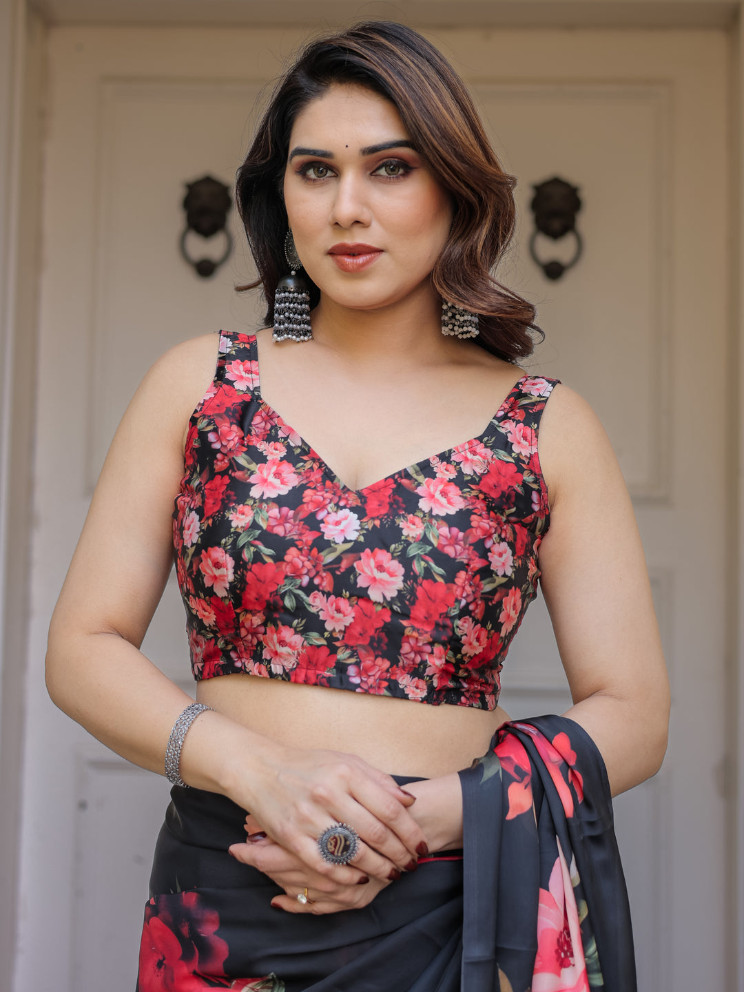 Black Red Floral Printed Satin Georgette Saree with Designer Blouse – Party & Evening Wear