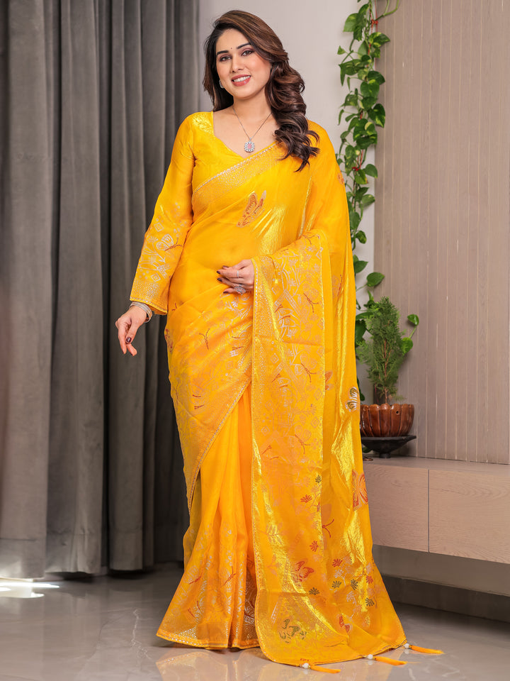 Sunshine Yellow Fendi Satin Block & Foil Print Saree with Attached Blouse & Tassel Detailing