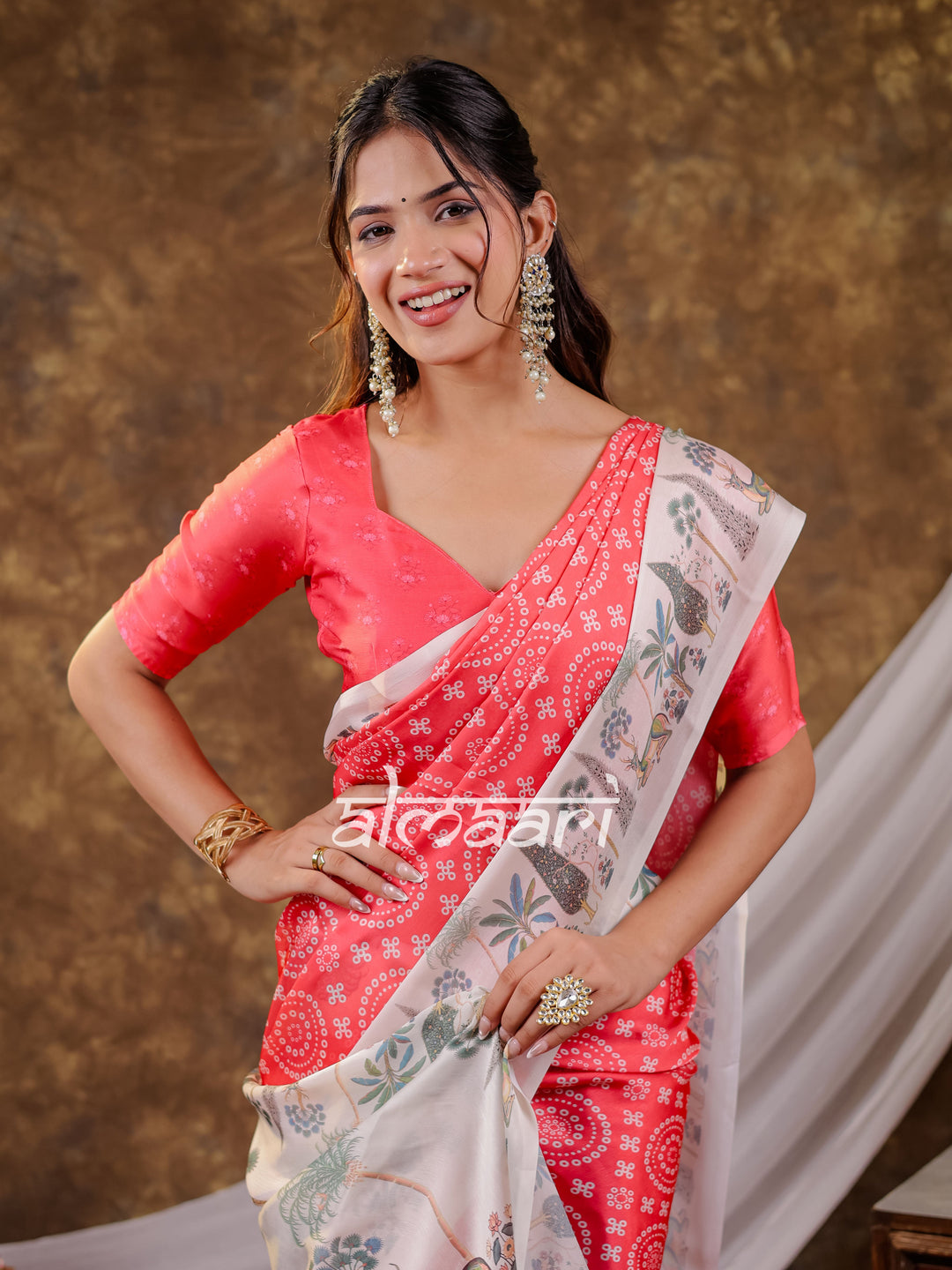 Vantara Coral Red Satin Chiffon Printed Saree with Botanical Nature Print, Designer Tassel Pallu & Matching Blouse Piece