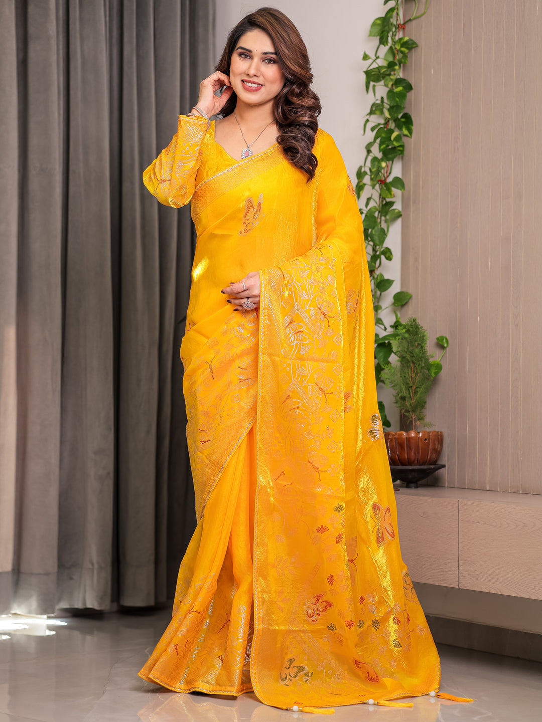 Sunshine Yellow Fendi Satin Block & Foil Print Saree with Attached Blouse & Tassel Detailing