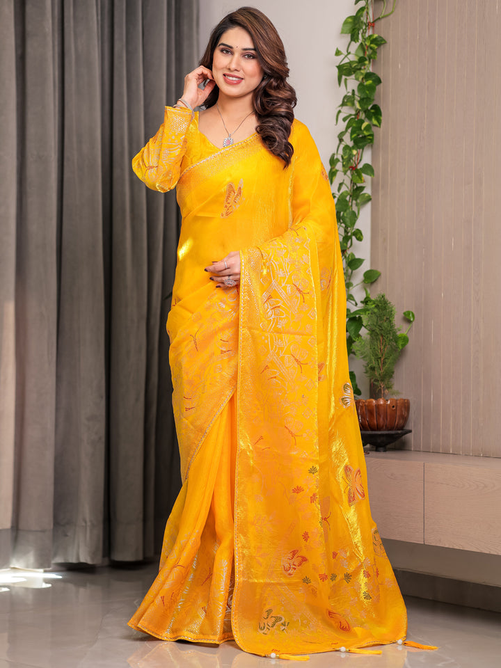 Sunshine Yellow Fendi Satin Block & Foil Print Saree with Attached Blouse & Tassel Detailing