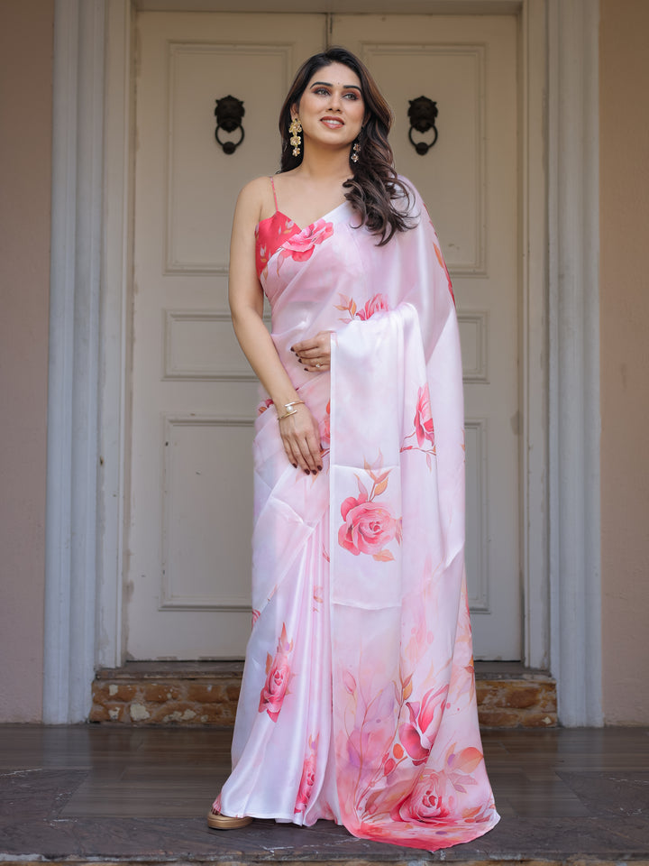 Romantic White & Red Heart Print Satin Georgette Saree with Matching Blouse – Valentine & Anniversary Special