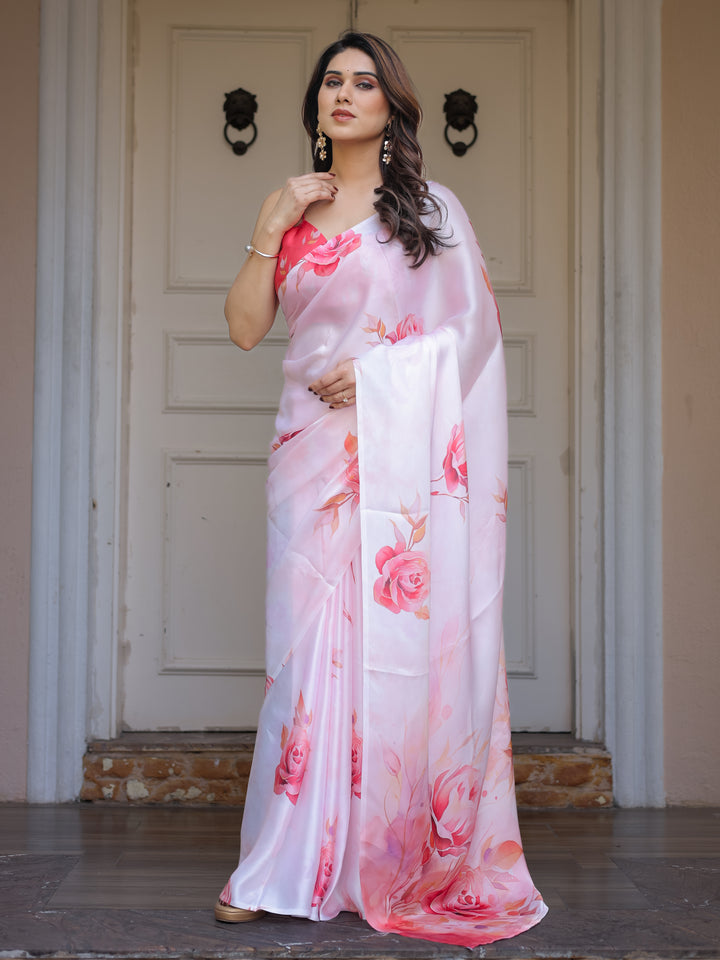 Romantic White & Red Heart Print Satin Georgette Saree with Matching Blouse – Valentine & Anniversary Special