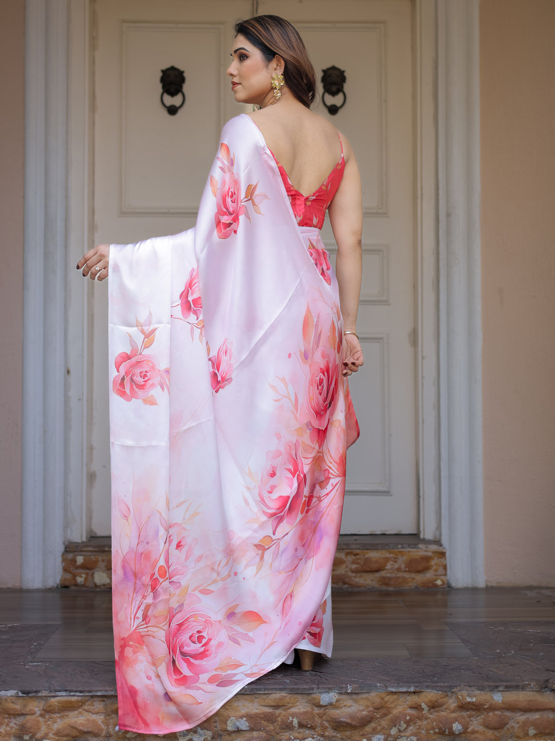 Romantic White & Red Heart Print Satin Georgette Saree with Matching Blouse – Valentine & Anniversary Special