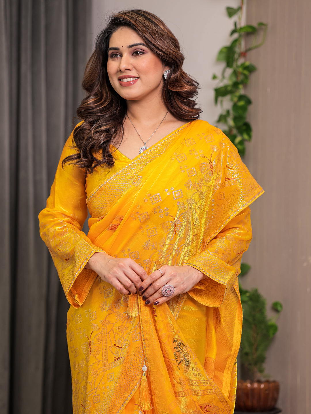 Sunshine Yellow Fendi Satin Block & Foil Print Saree with Attached Blouse & Tassel Detailing
