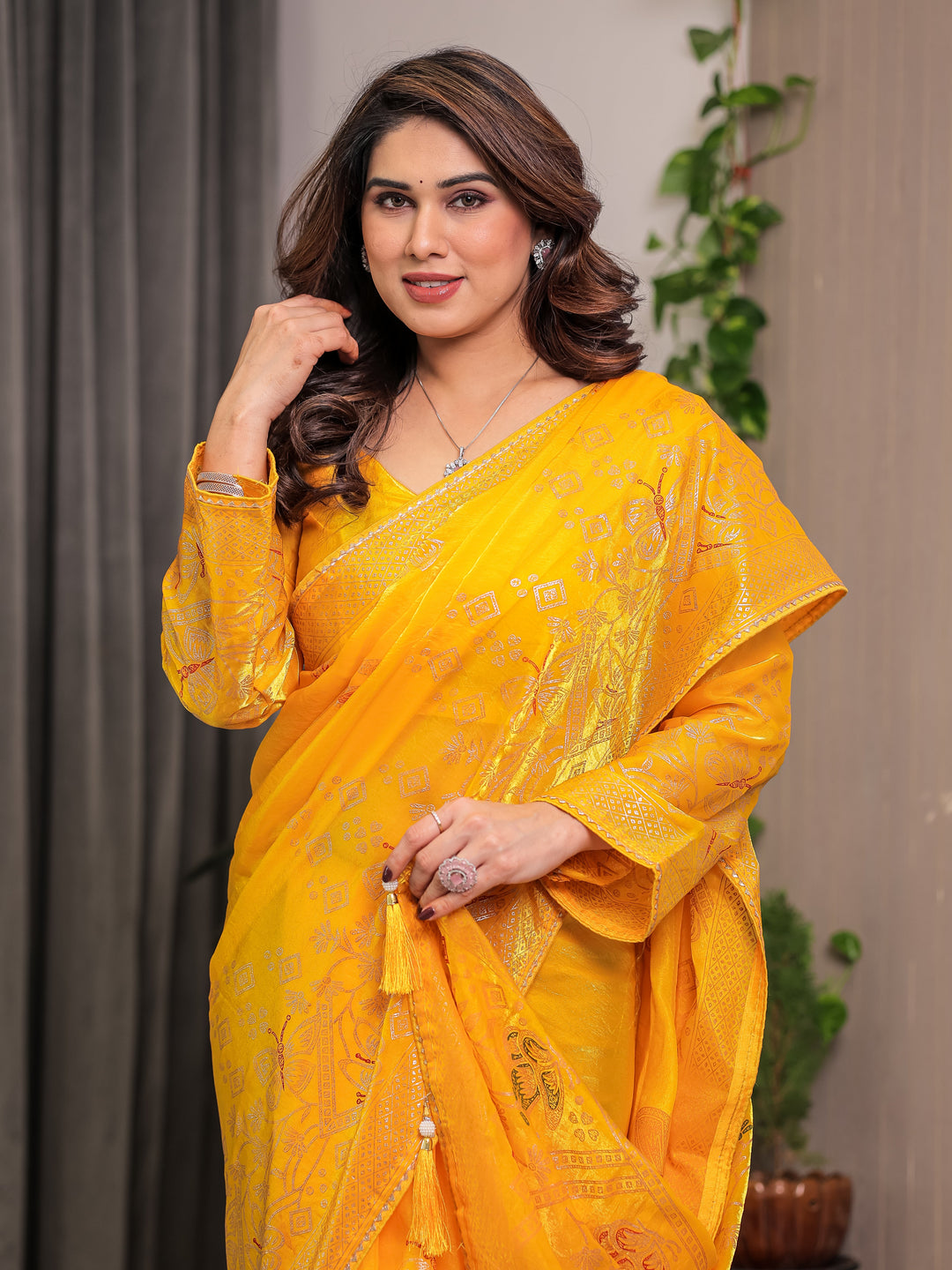 Sunshine Yellow Fendi Satin Block & Foil Print Saree with Attached Blouse & Tassel Detailing