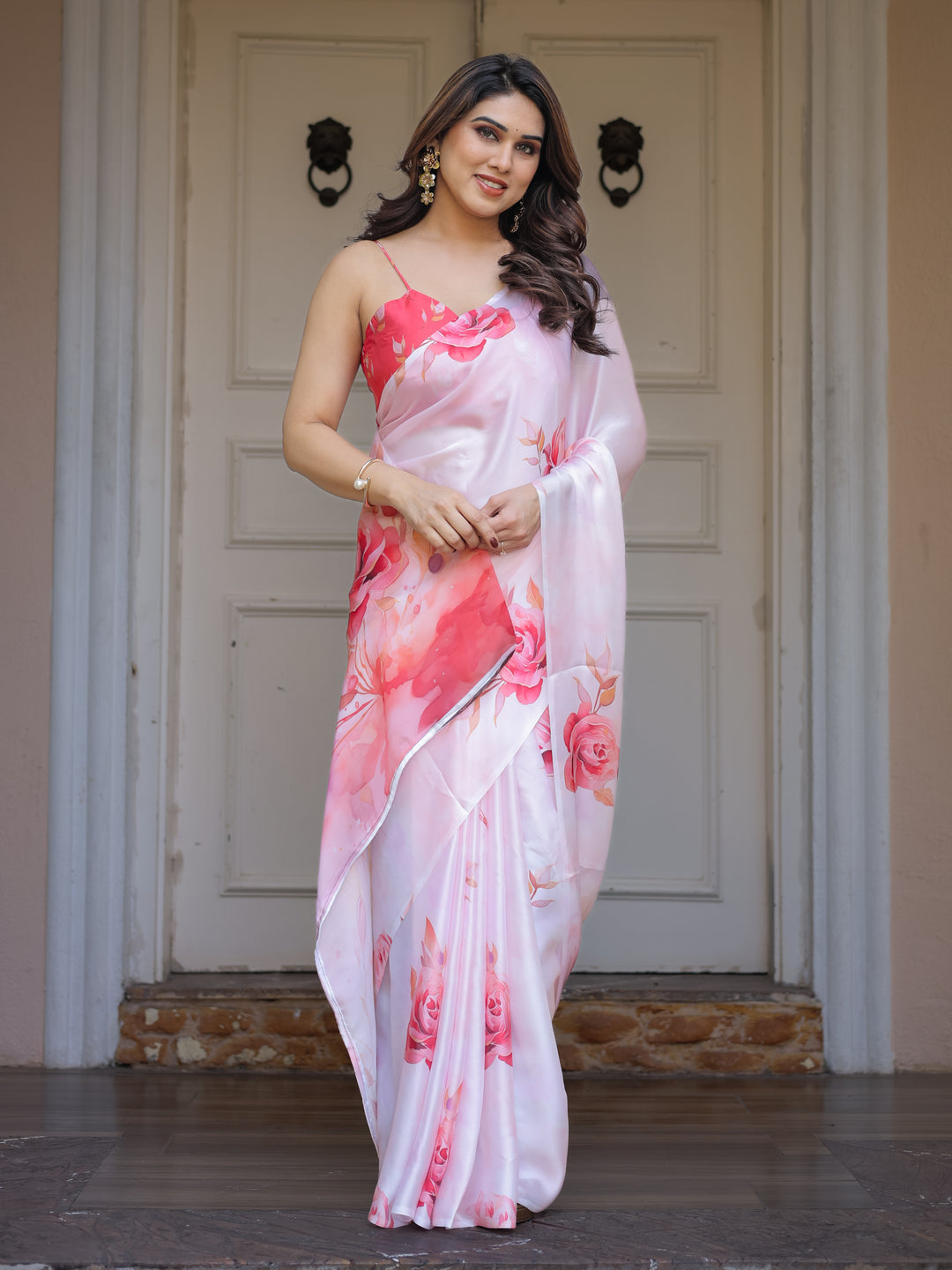 Romantic White & Red Heart Print Satin Georgette Saree with Matching Blouse – Valentine & Anniversary Special