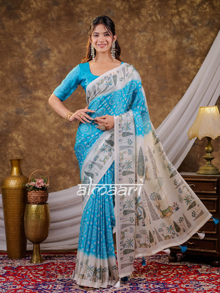 Vantara Turquoise Blue Satin Chiffon Printed Saree with Botanical Nature Print, Designer Tassel Pallu & Matching Blouse Piece