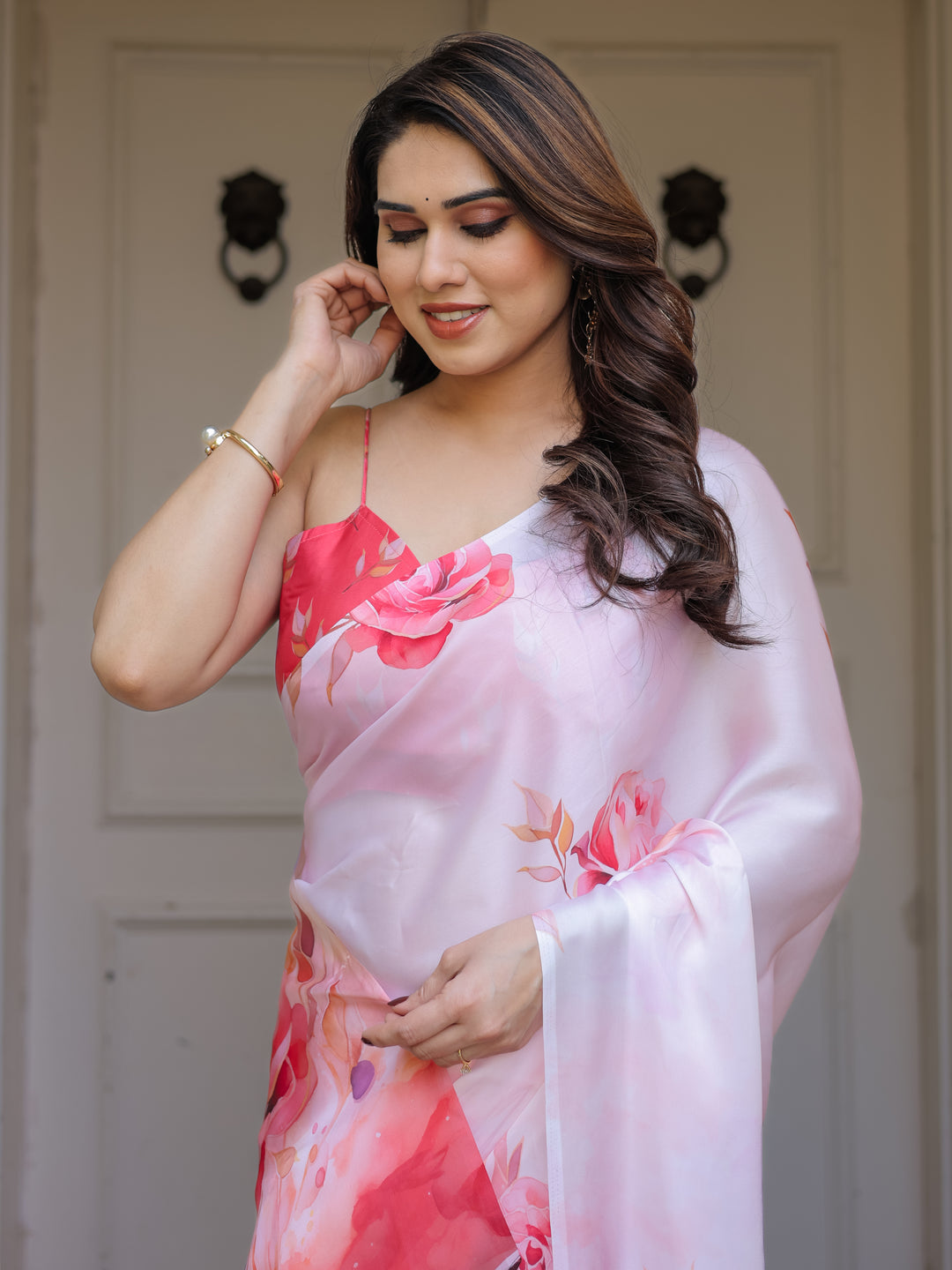 Romantic White & Red Heart Print Satin Georgette Saree with Matching Blouse – Valentine & Anniversary Special