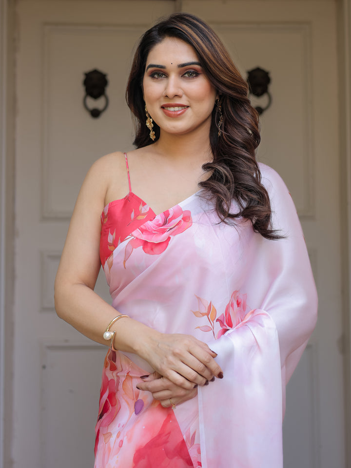 Romantic White & Red Heart Print Satin Georgette Saree with Matching Blouse – Valentine & Anniversary Special