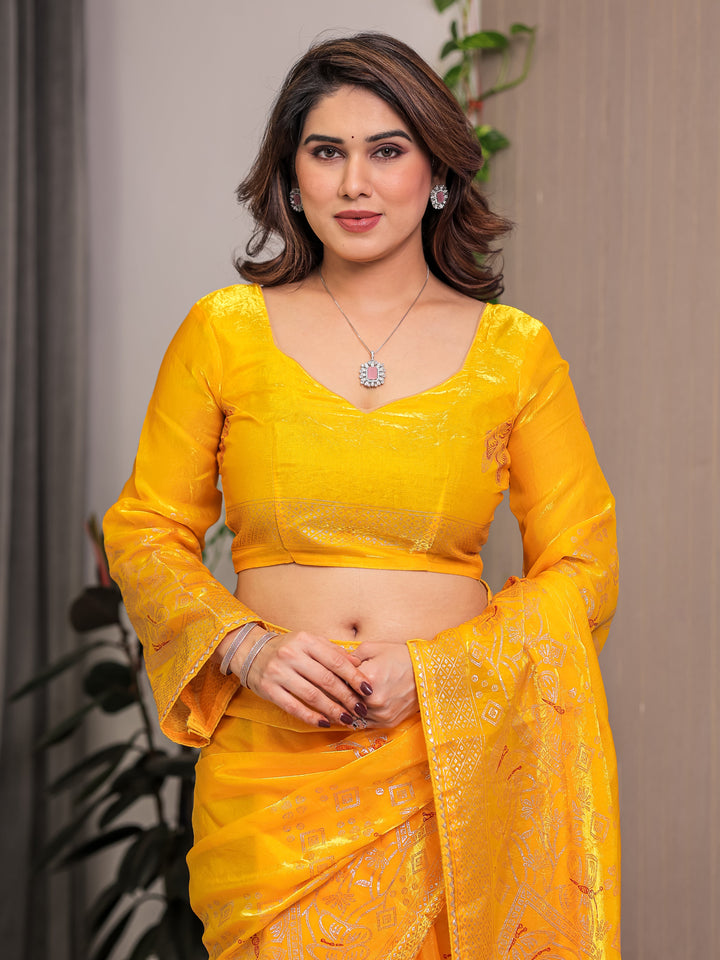Sunshine Yellow Fendi Satin Block & Foil Print Saree with Attached Blouse & Tassel Detailing