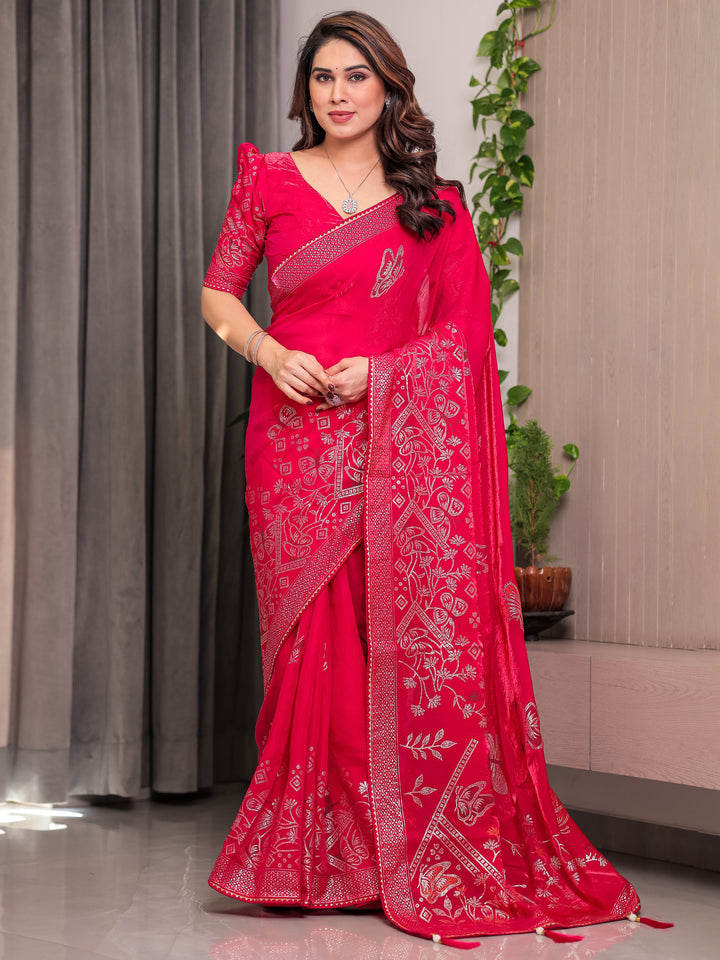 Rani Pink Fendi Satin Block & Foil Print Saree with Attached Blouse & Tassel Detailing
