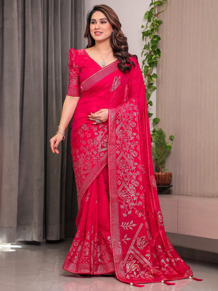 Rani Pink Fendi Satin Block & Foil Print Saree with Attached Blouse & Tassel Detailing