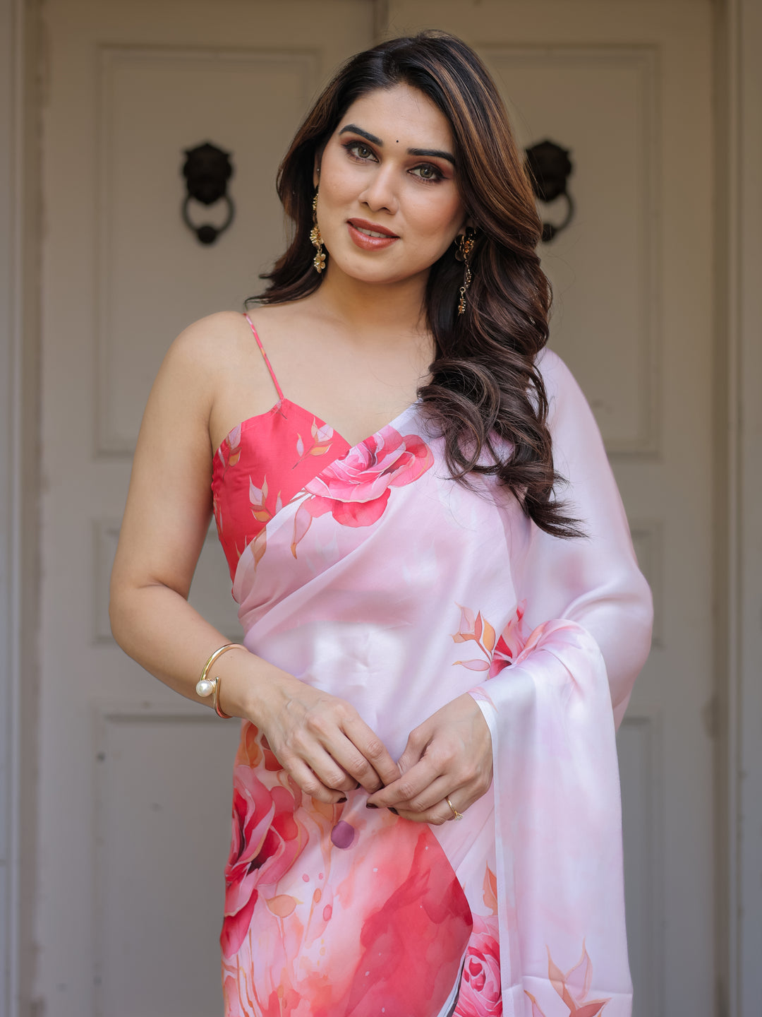 Romantic White & Red Heart Print Satin Georgette Saree with Matching Blouse – Valentine & Anniversary Special