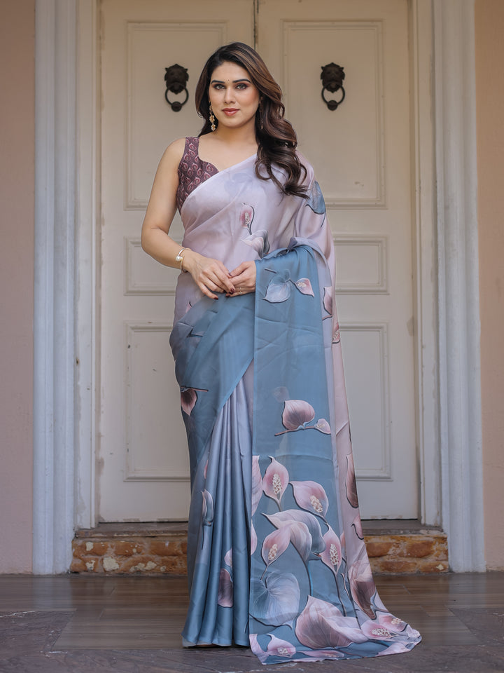 Pastel Grey & Teal Floral Printed Satin Georgette Saree with Designer Pallu & Blouse – Elegant Party & Occasion Wear
