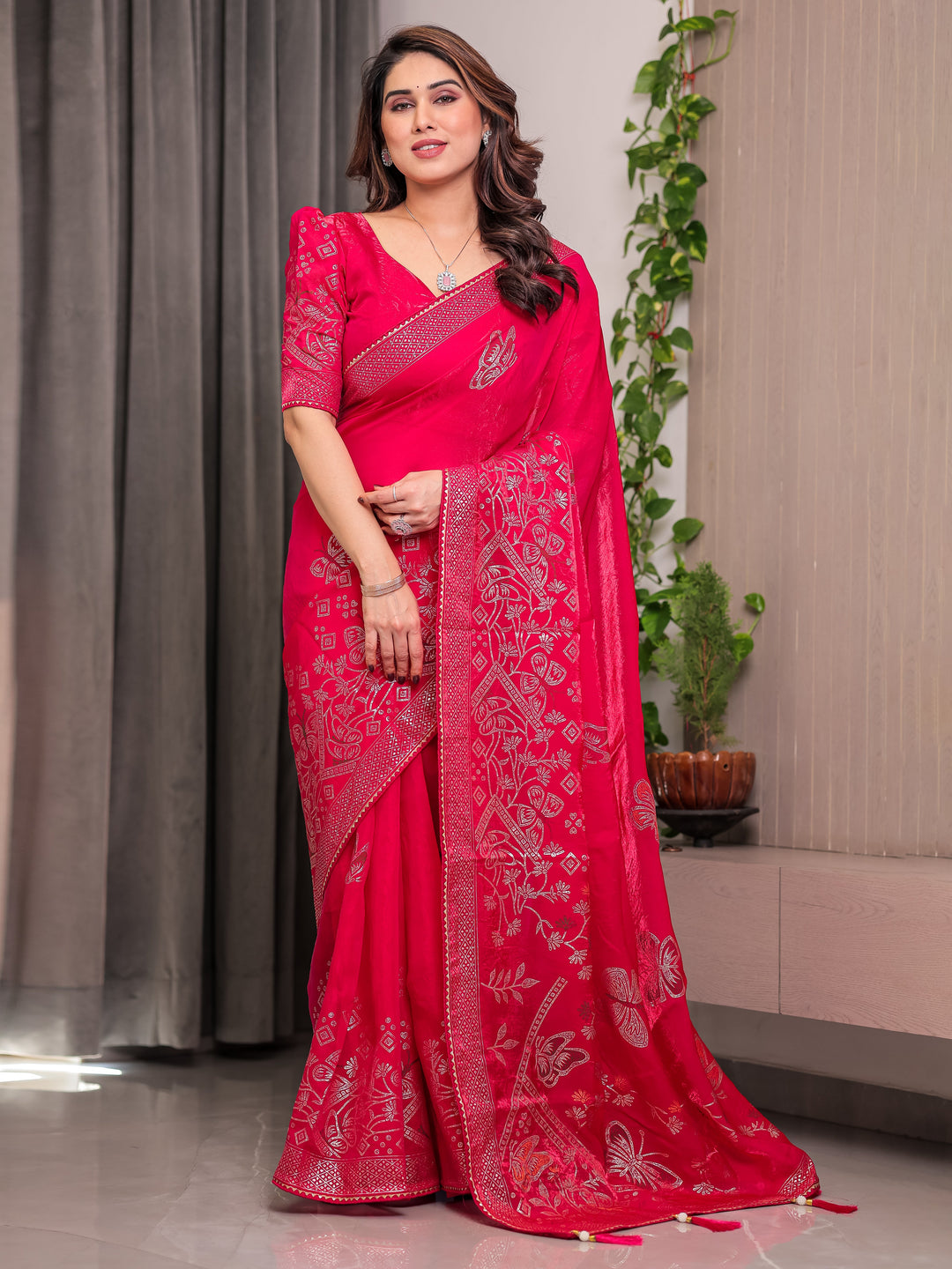 Rani Pink Fendi Satin Block & Foil Print Saree with Attached Blouse & Tassel Detailing