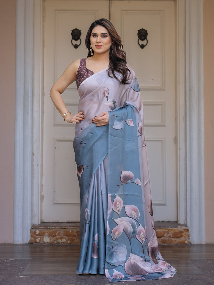 Pastel Grey & Teal Floral Printed Satin Georgette Saree with Designer Pallu & Blouse – Elegant Party & Occasion Wear