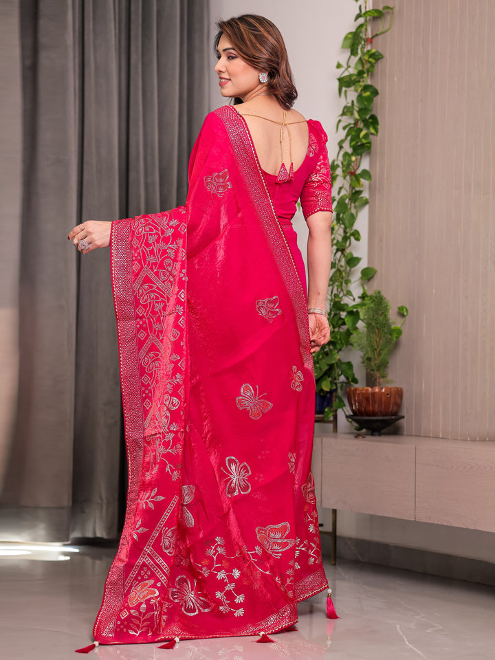 Rani Pink Fendi Satin Block & Foil Print Saree with Attached Blouse & Tassel Detailing