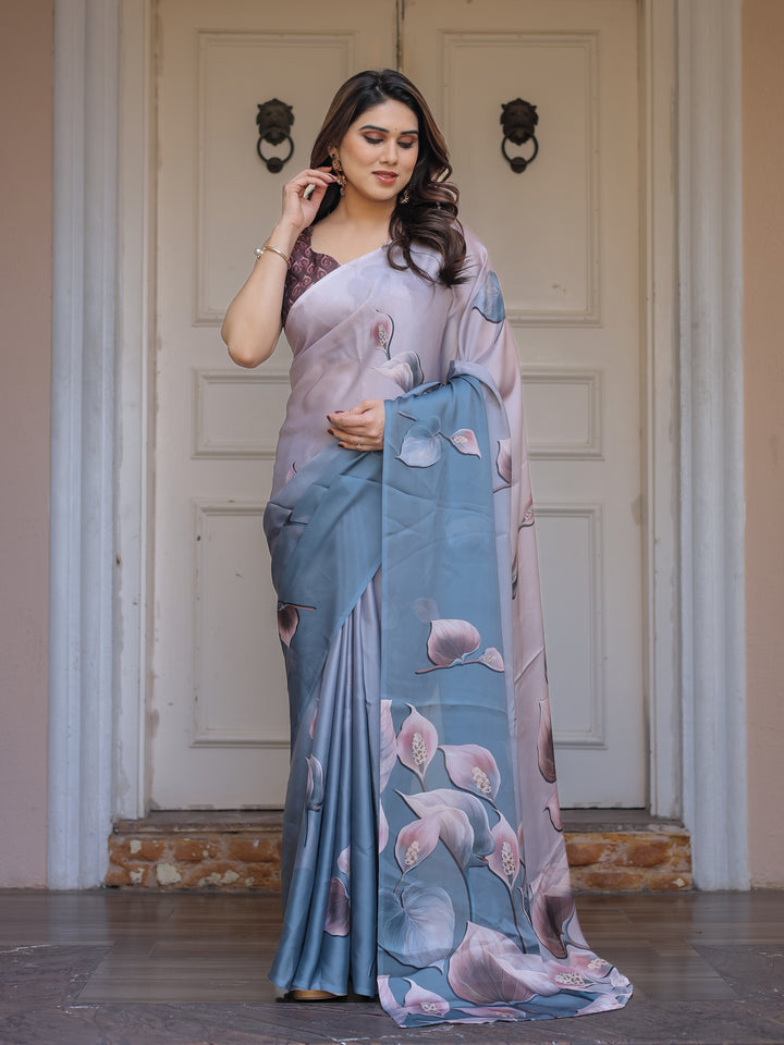 Pastel Grey & Teal Floral Printed Satin Georgette Saree with Designer Pallu & Blouse – Elegant Party & Occasion Wear