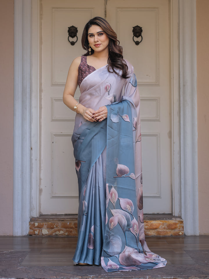 Pastel Grey & Teal Floral Printed Satin Georgette Saree with Designer Pallu & Blouse – Elegant Party & Occasion Wear