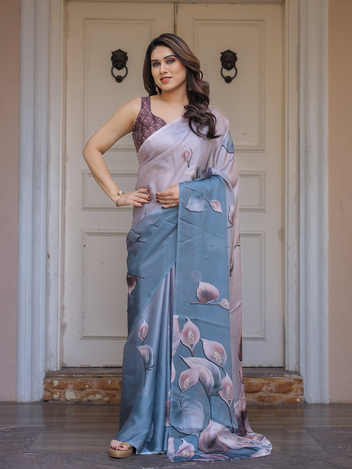 Pastel Grey & Teal Floral Printed Satin Georgette Saree with Designer Pallu & Blouse – Elegant Party & Occasion Wear