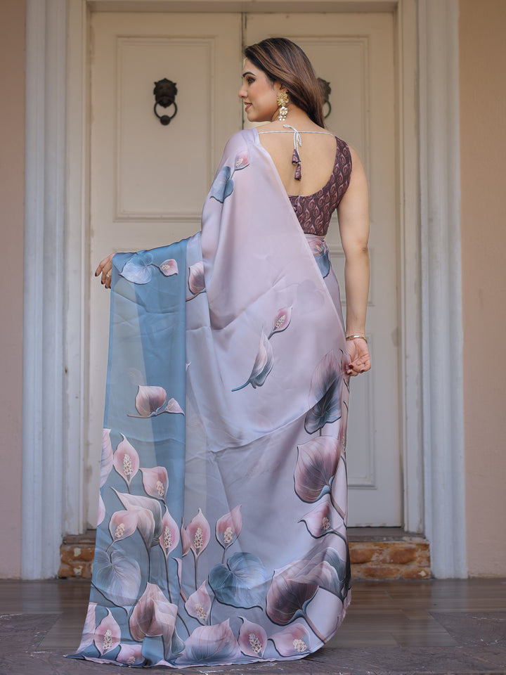 Pastel Grey & Teal Floral Printed Satin Georgette Saree with Designer Pallu & Blouse – Elegant Party & Occasion Wear
