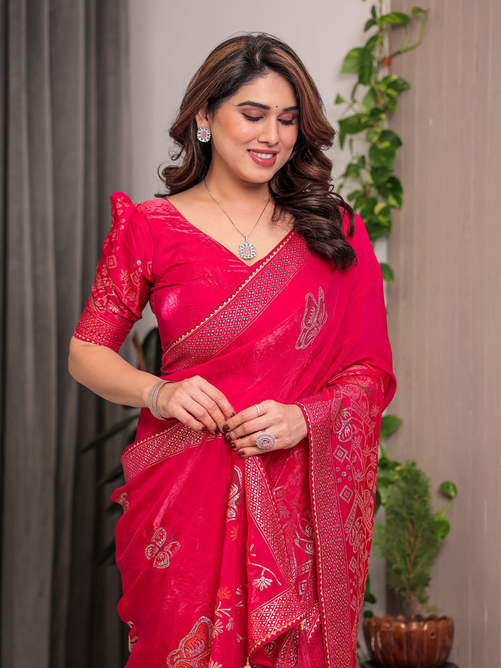 Rani Pink Fendi Satin Block & Foil Print Saree with Attached Blouse & Tassel Detailing